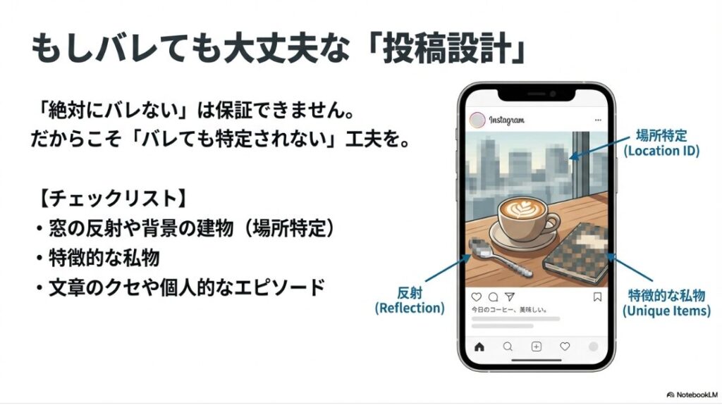インスタを共有でアカウントがバレる？垢バレ原因：写真の背景反射や特徴的な私物から場所特定されるリスクと、投稿時のチェックポイント