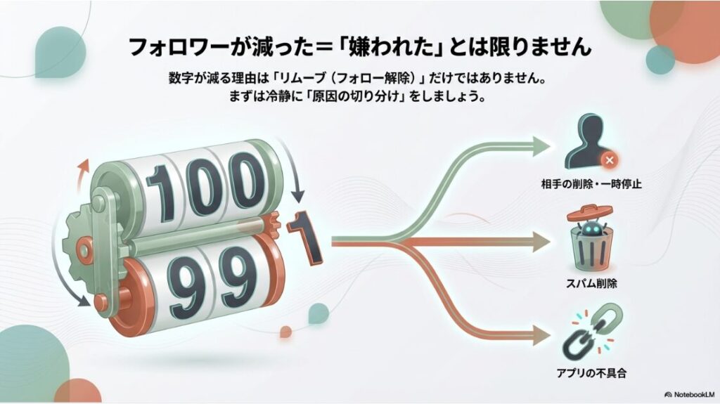 【2026年】インスタでリムられた時の確認方法は？インスタグラムのフォロワー数が減る原因の図解。相手の削除や一時停止、スパム削除、アプリの不具合など、リムーブ以外の要因を示すイラスト。