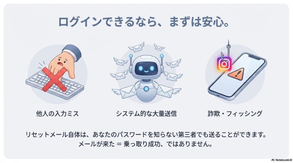 インスタのパスワードをリセットメールが覚えがないのに届いた原因：他人の入力ミス、システム送信、詐欺・フィッシングなど、リセットメールが届く3つの原因図解