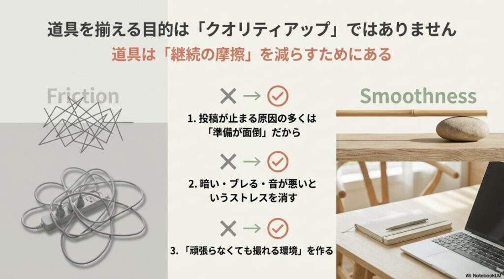 インスタをゼロから始める準備グッズ完全版｜投稿が止まる摩擦（Friction）と継続できるスムーズさ（Smoothness）の比較図解