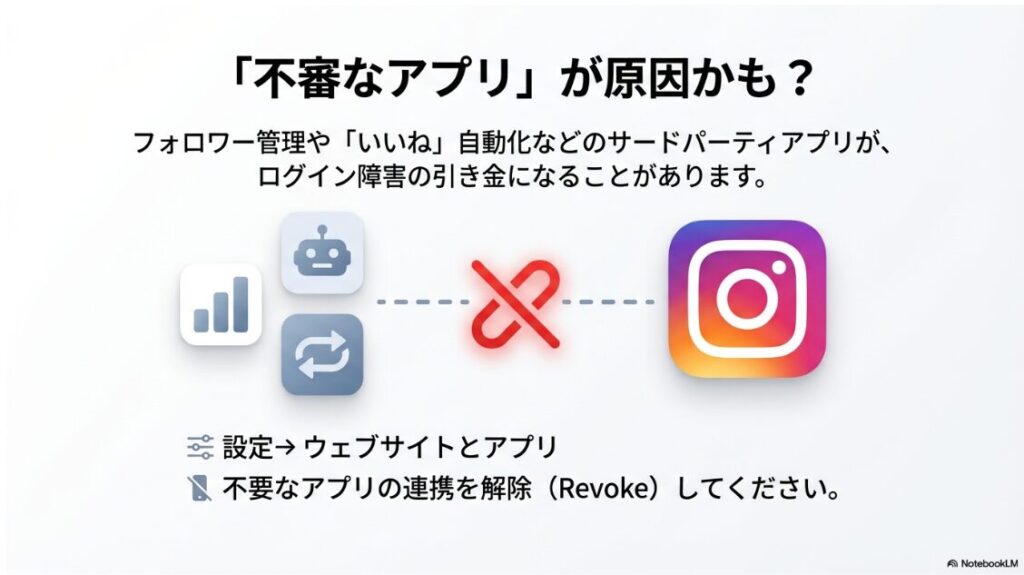 インスタで別のデバイスでお知らせを確認してくださいはどこ?インスタグラムの不具合の原因となる不審なサードパーティアプリの連携解除画面