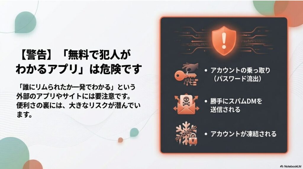 【2026年】インスタでリムられた時の確認方法は？「誰にリムられたか一発でわかる」という外部アプリやサイトの危険性。アカウント乗っ取りやスパム送信のリスクについての警告。