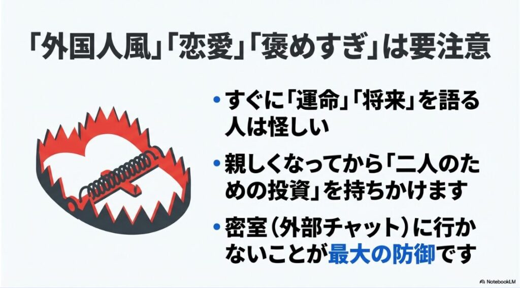インスタのビジネスチャットが怪しい?トラバサミのイラストと、外国人風・恋愛・褒めすぎへの注意喚起テキスト