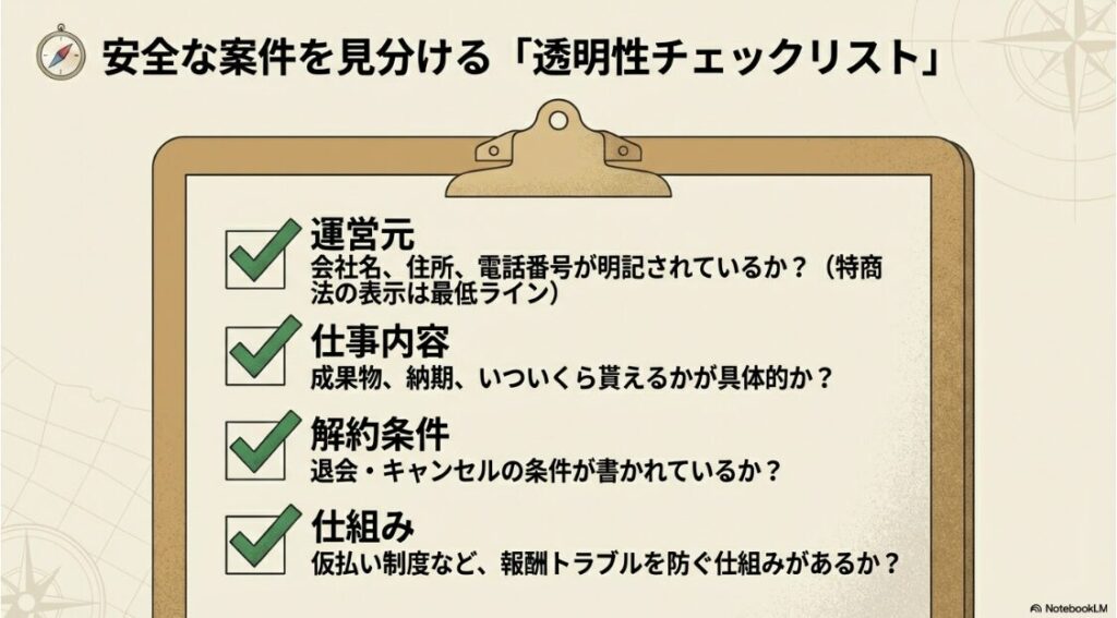運営元、仕事内容、解約条件、仕組みが明記されているか確認するための安全チェックリスト。