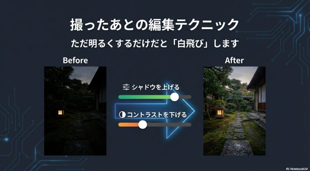 インスタでスクショをしたら暗くなる原因：暗く撮れてしまったスクショを、白飛びさせずにシャドウとコントラスト調整で明るく補正する編集ビフォーアフター