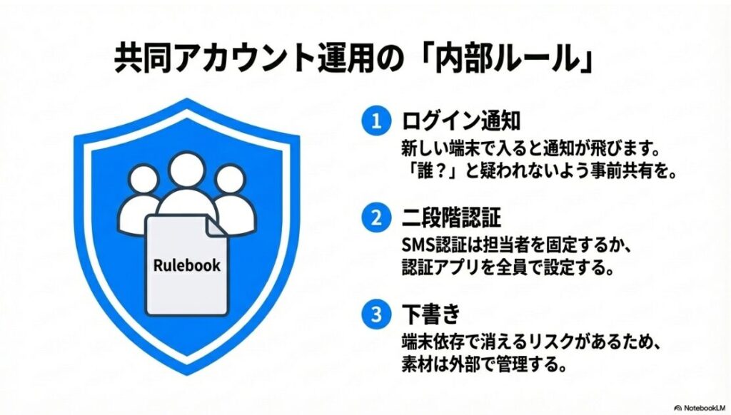 インスタを共有でアカウントがバレる？垢バレ原因：共同アカウント運用時の内部ルール（ログイン通知・二段階認証・下書き管理）