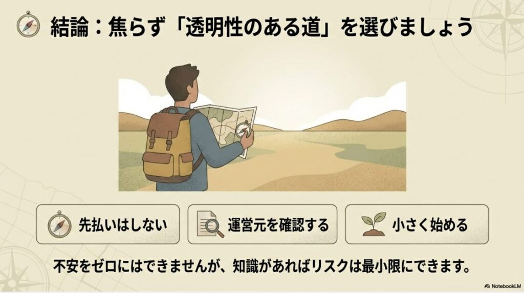 地図とコンパスを持ち、安全な道を選んで進む人のイラスト。副業で成功するためのマインドセット。