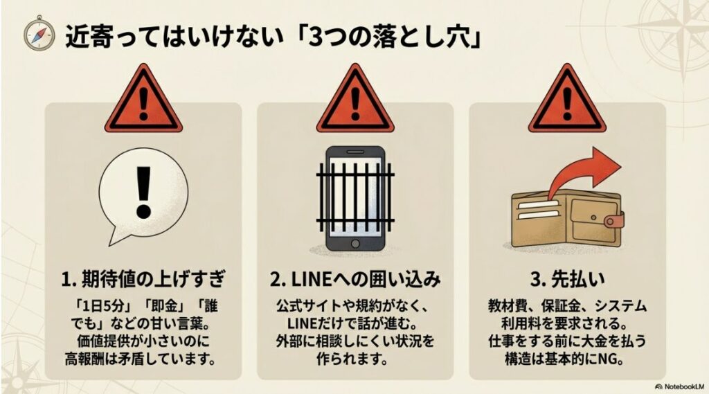 副業詐欺の危険サイン。「期待値の上げすぎ」「LINEへの囲い込み」「先払い要求」の3つの警告。