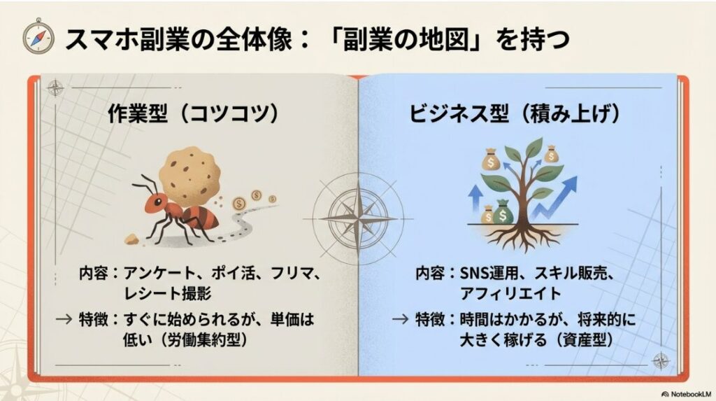 労働集約型の作業型副業と、資産型のビジネス型副業の特徴・収益性の比較表。