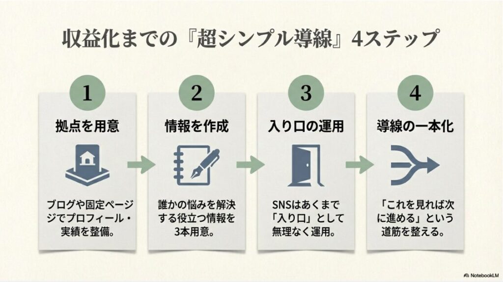 インスタをやってない初心者がSNSで収益化する最短ステップ完全版:拠点の用意、情報の作成、入り口の運用、導線の一本化という収益化までの4つの流れを示した図。