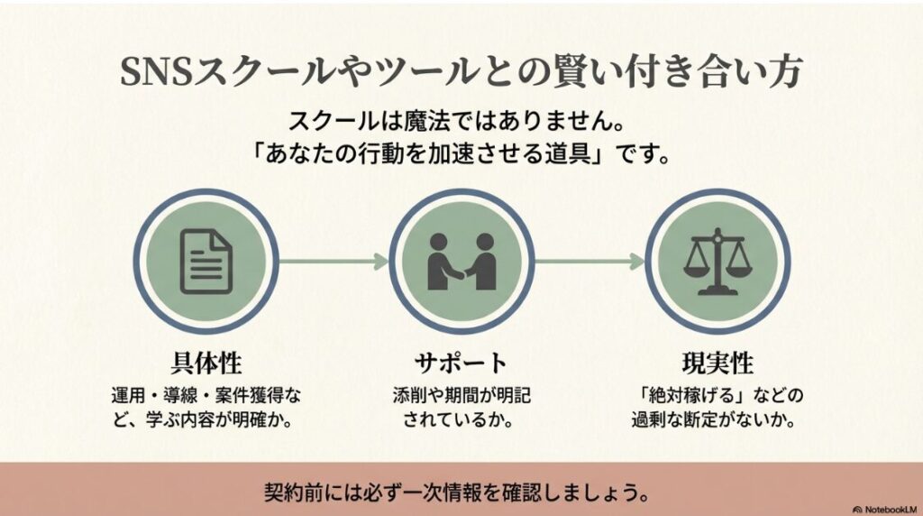 インスタをやってない初心者がSNSで収益化する最短ステップ完全版:SNSスクールを選ぶ際に確認すべき「具体性」「サポート」「現実性」の3つのポイント。