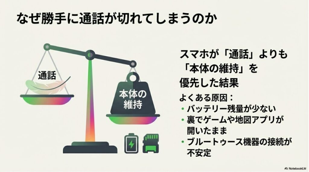 インスタで電話中にLINE電話は出れる？スマホのバッテリー維持と通話アプリの維持を天秤にかけているイラスト。省電力機能による強制終了の仕組み。