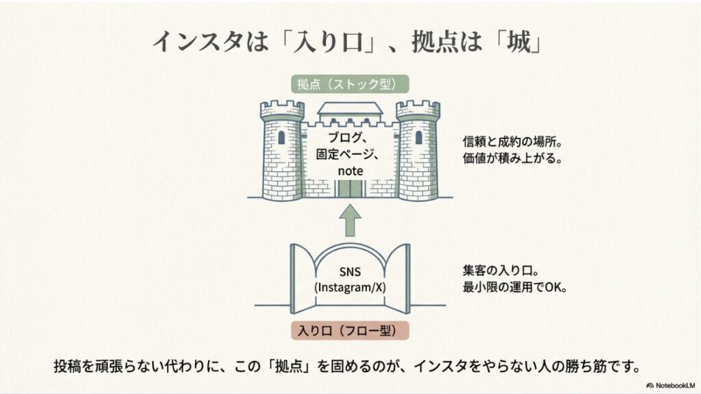 インスタをやってない初心者がSNSで収益化する最短ステップ完全版:SNS(フロー型)を集客の入り口とし、ブログやnote(ストック型)を拠点(城)とする構造を示した図。