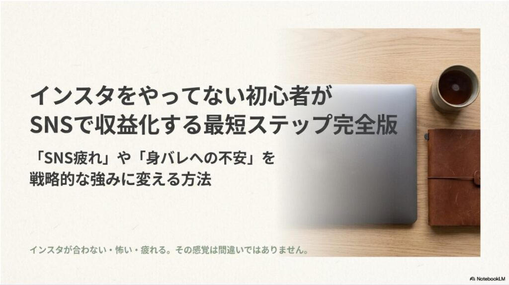 「インスタをやってない初心者がSNSで収益化する最短ステップ完全版」というタイトルのスライド資料表紙。