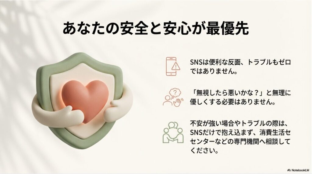 インスタのメッセージリクエストに気づかない原因：SNS利用時の安全確保と相談窓口利用を推奨するメッセージ画像