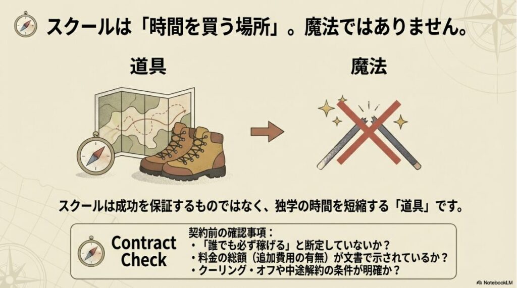 スクールは成功を保証する魔法ではなく、独学の時間を短縮するための道具であるという図解。