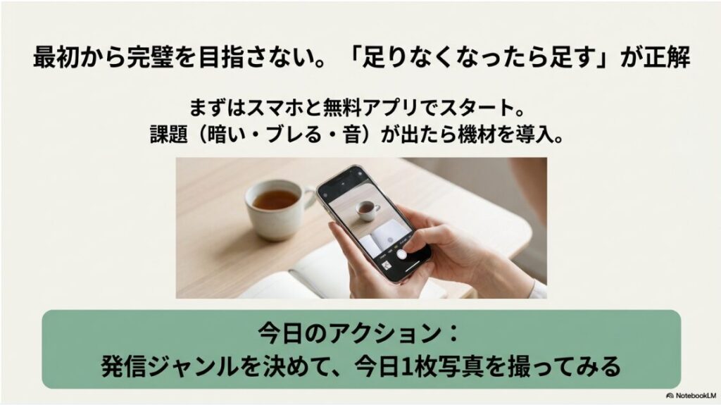 インスタをゼロから始める準備グッズ完全版｜最初はスマホのみでスタートし、課題に応じて機材を追加するステップ図