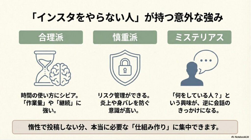 インスタをやってない初心者がSNSで収益化する最短ステップ完全版:インスタをやらない人の特徴である「合理派」「慎重派」「ミステリアス」それぞれの強みを解説した図。
