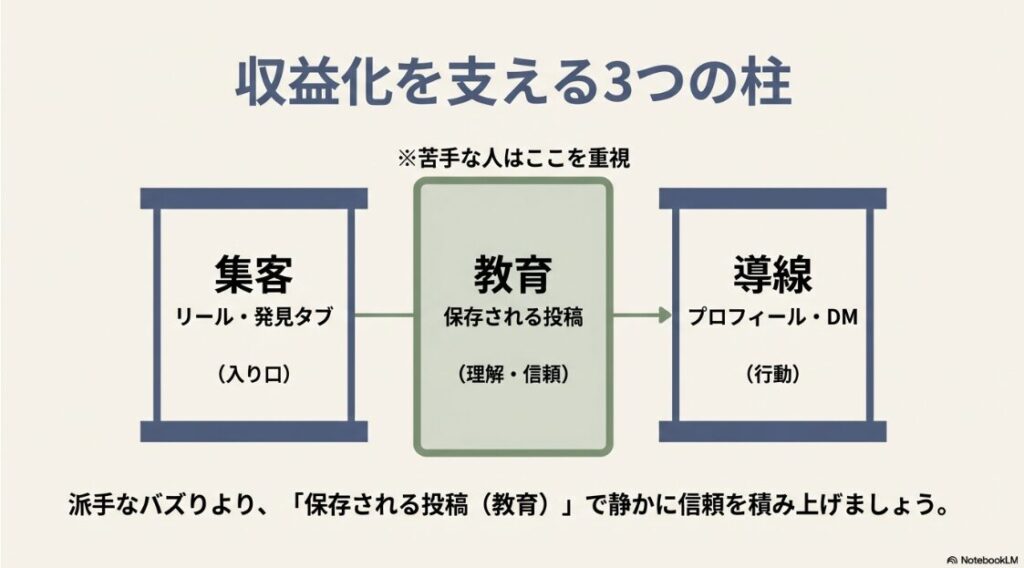 インスタに飽きた！苦手でも収益化できる：リールでの集客、保存投稿での教育、プロフィールでの導線という3つの役割を理解し、特に苦手な人は「教育」を重視して信頼を積み上げます。