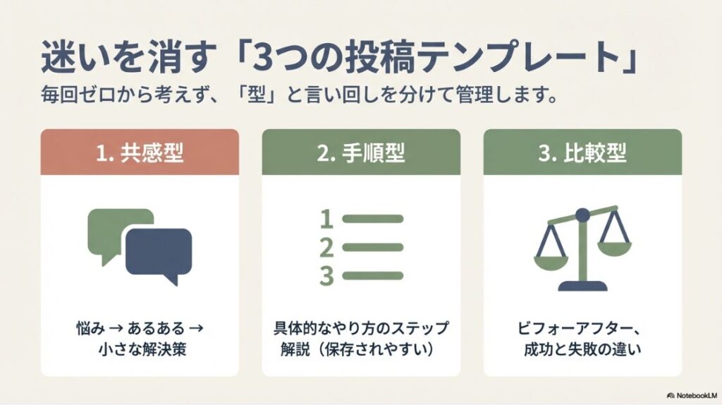 インスタに飽きた！苦手でも収益化できる：共感型、手順型、比較型という3つの投稿の型を使い分けることで、毎回ゼロから考える負担を減らします。