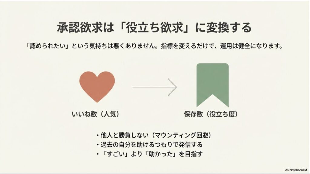 「認められたい」という気持ちを「役に立ちたい」へ変換する図。指標を「いいね数（人気）」から「保存数（役立ち度）」に変える運用のコツ。