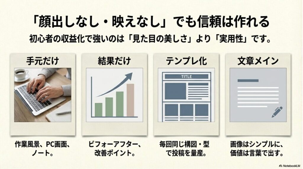 インスタをやってない初心者がSNSで収益化する最短ステップ完全版:顔出しやキラキラ投稿なしで信頼を作るための「手元」「結果」「テンプレ化」「文章」の4つの見せ方。
