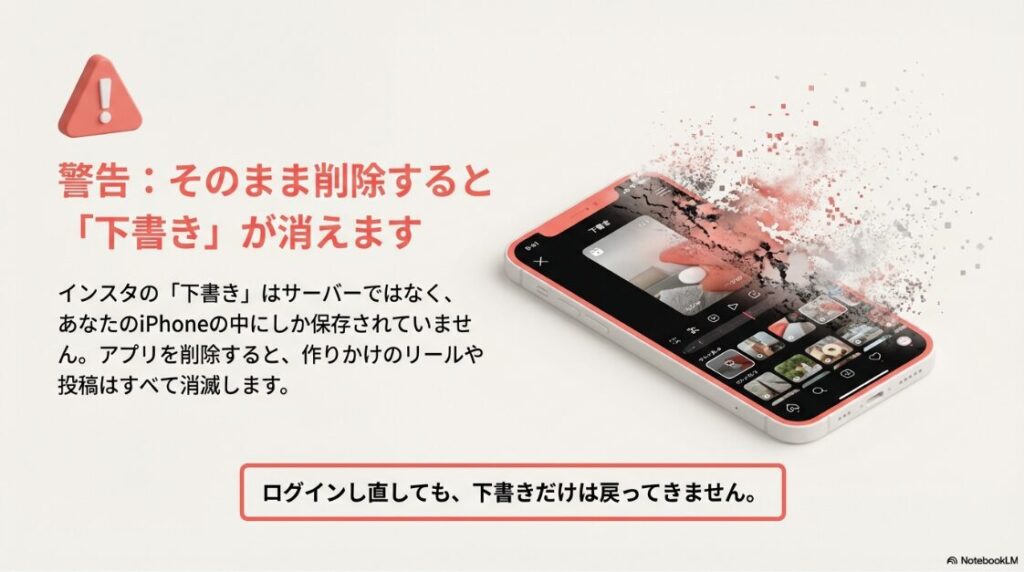 インスタの書類とデータを削除で容量激減!赤い三角形の警告マーク。そのまま削除すると端末内に保存されているリールや投稿の下書きが消滅し、ログインし直しても戻らないことを伝える注意喚起のイラスト。