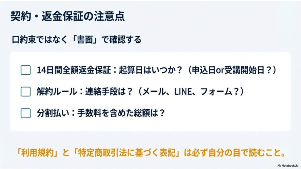 WEBCOACH(ウェブコーチ)は怪しい詐欺？口コミと料金の真相：WEBCOACH契約時に確認すべき返金保証の起算日、解約ルール、分割手数料などの重要チェック項目。