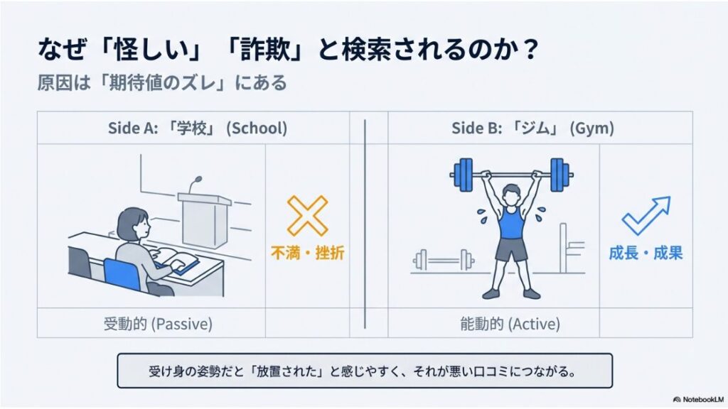WEBCOACH(ウェブコーチ)は怪しい詐欺？口コミと料金の真相：WEBCOACHが「怪しい」と言われる原因である期待値のズレを解説。受動的な学校型ではなく能動的なジム型であることを示す図解。
