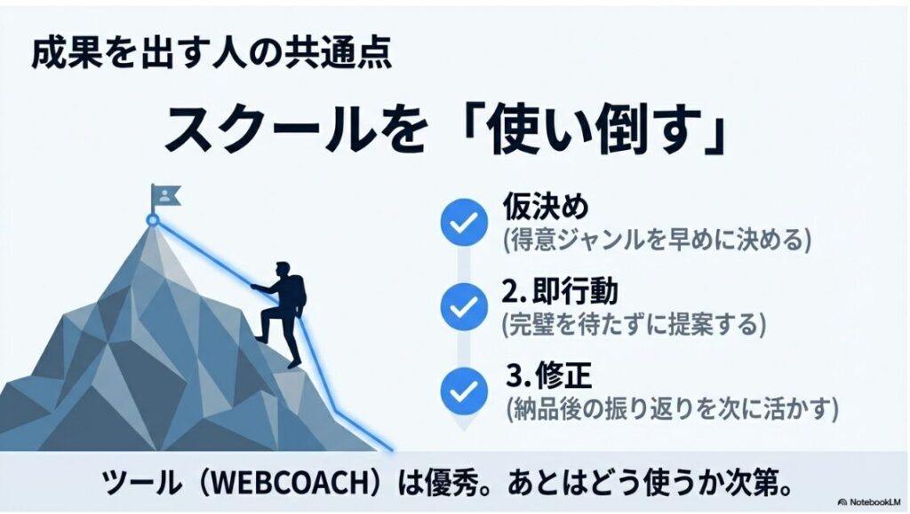 WEBCOACH(ウェブコーチ)は怪しい詐欺？口コミと料金の真相：スクールの環境を使い倒し、仮決め・即行動・修正のサイクルを回して成果を出す人の行動特徴。