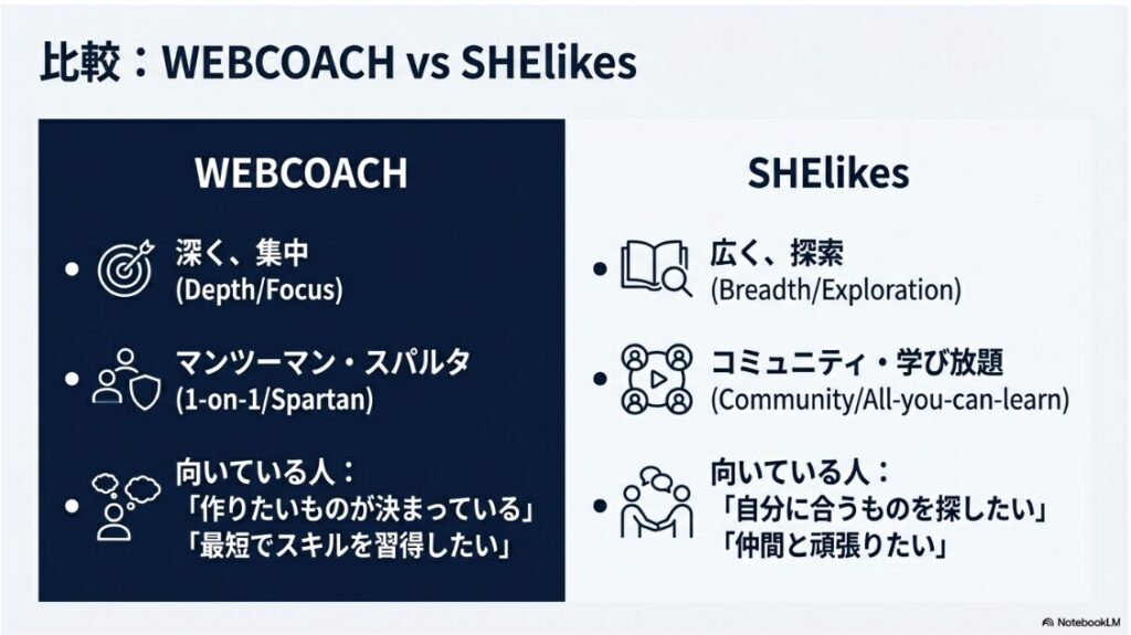 WEBCOACH(ウェブコーチ)は怪しい詐欺？口コミと料金の真相：WEBCOACH（深く集中・マンツーマン）とSHElikes（広く探索・コミュニティ）の違いと、それぞれに向いている人の特徴比較。