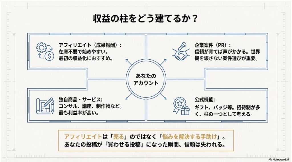 インスタで収益化はできますか？インスタグラムの4つの収益化モデル（アフィリエイト、企業案件PR、独自商品、公式機能）の関係図