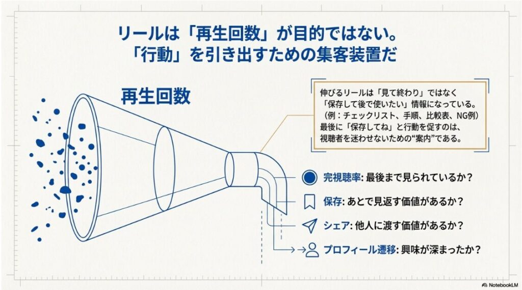 インスタで収益化はできますか？リール動画の再生回数を、保存・シェア・プロフィール遷移といった「行動」に変換するためのファネル図解