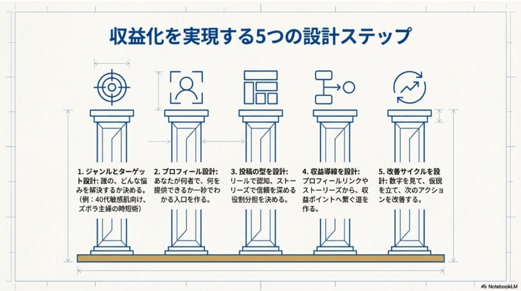 インスタで収益化はできますか？ジャンル設計から改善サイクルまで、インスタ収益化に必要な5つのステップを図解した設計図
