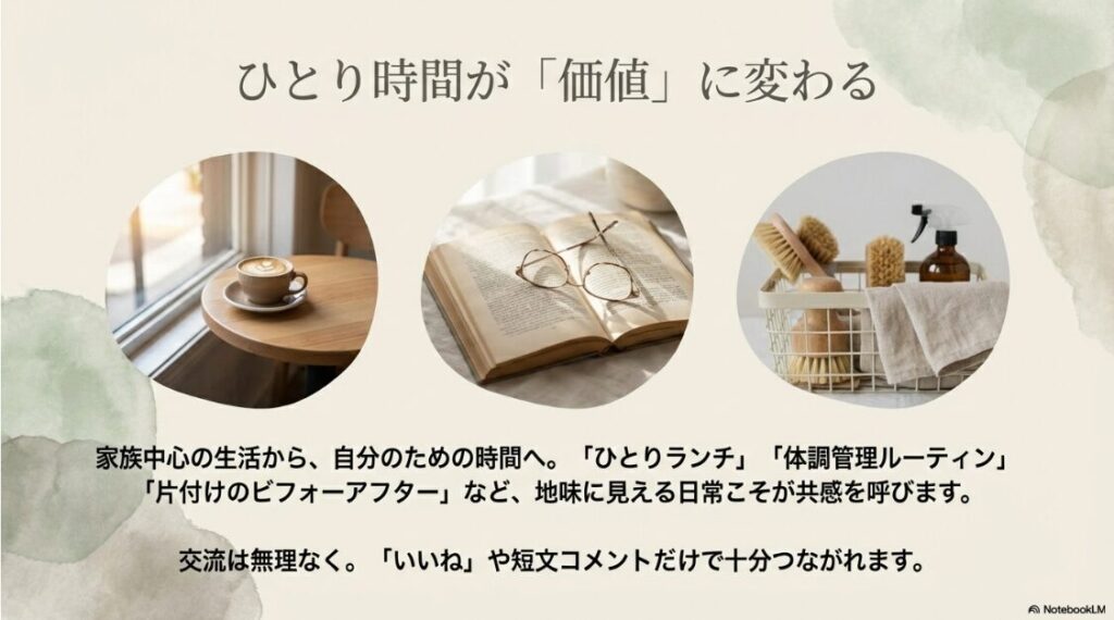 インスタグラムを50代の主婦が始める方法と稼ぎ方完全ガイド決定版：窓辺のコーヒー、読書、掃除道具の写真。「ひとり時間が価値に変わる。地味に見える日常こそが共感を呼びます」というメッセージ。