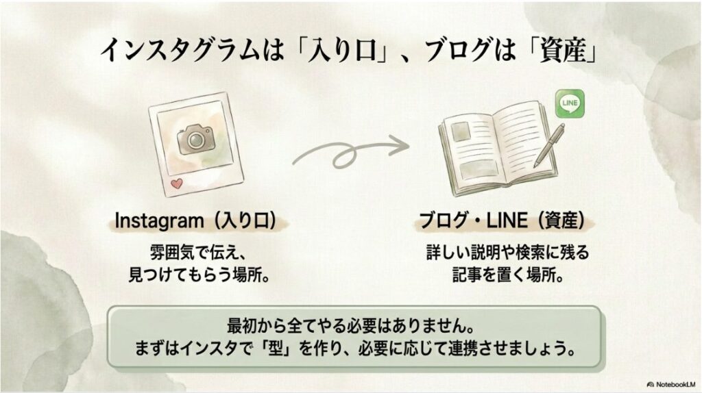 インスタグラムを50代の主婦が始める方法と稼ぎ方完全ガイド決定版：インスタグラムを「入り口（雰囲気で伝える）」、ブログ・LINEを「資産（詳しい説明）」と定義した役割分担の図解。