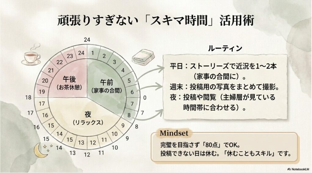 インスタグラムを50代の主婦が始める方法と稼ぎ方完全ガイド決定版：主婦の1日のスケジュール円グラフ。午前中の家事の合間、午後のお茶休憩、夜のリラックスタイムをインスタ運用に充てる活用術の図解。