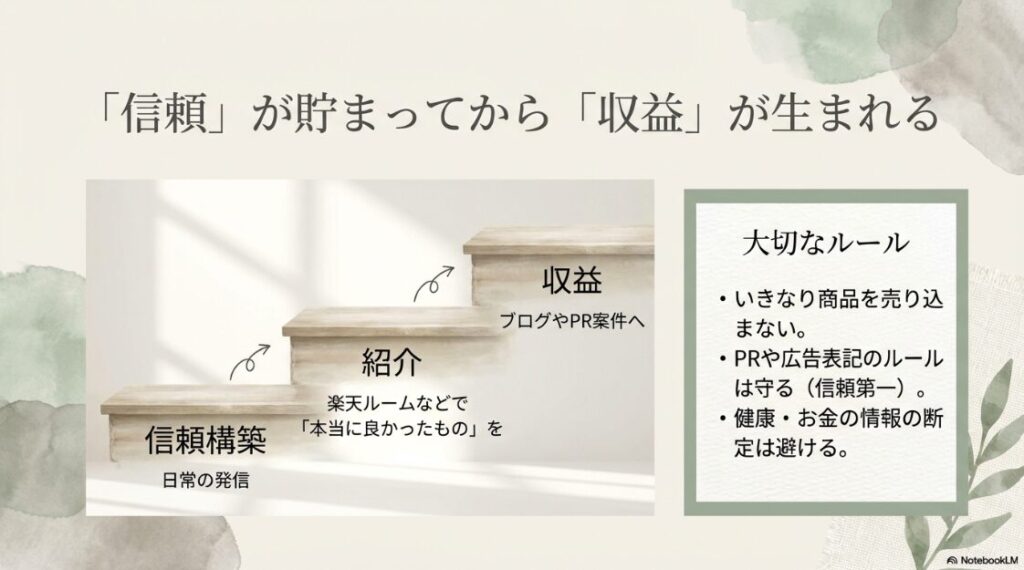 インスタグラムを50代の主婦が始める方法と稼ぎ方完全ガイド決定版：信頼構築の階段を登って収益につながるイメージ図。「日常の発信から信頼が貯まり、紹介やPRへつながる」という解説。