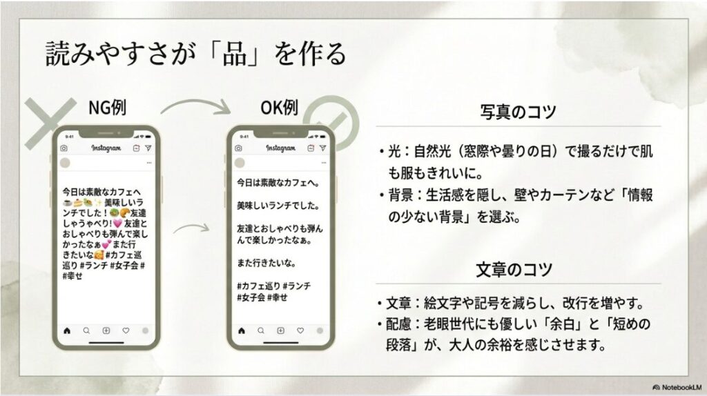 インスタグラムを50代の主婦が始める方法と稼ぎ方完全ガイド決定版：悪い投稿例（絵文字多用・改行なし）と良い投稿例（改行あり・シンプル）のスマホ画面比較。「読みやすさが品を作る」という解説。
