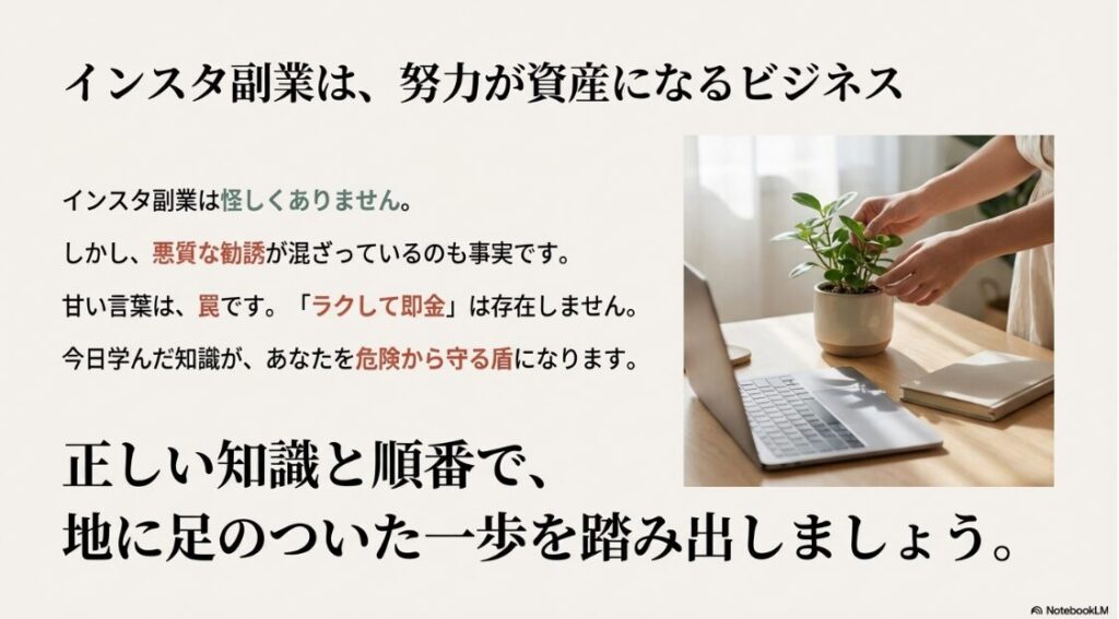インスタ副業をやってみた！インスタ副業は努力が資産になるビジネス。パソコン作業と成長する植物のイメージ