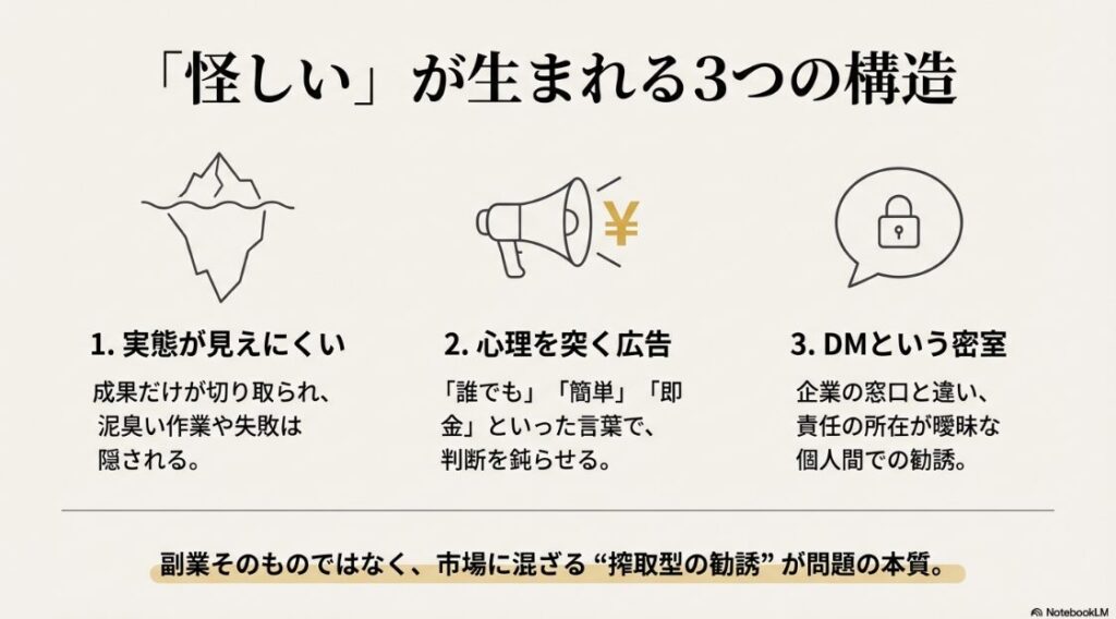 インスタ副業をやってみた！インスタ副業の怪しさが生まれる実態・広告・DM勧誘の3つの仕組み解説図