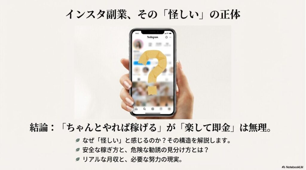 インスタ副業をやってみた！インスタ副業の怪しい噂と現実について疑問符が浮かぶスマートフォンのイメージ画像