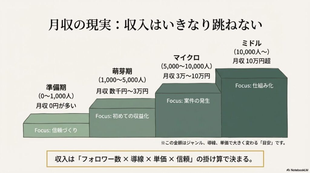 インスタ副業をやってみた！インスタ副業の準備期からミドル期までの月収目安と収益が決まる計算式の解説図