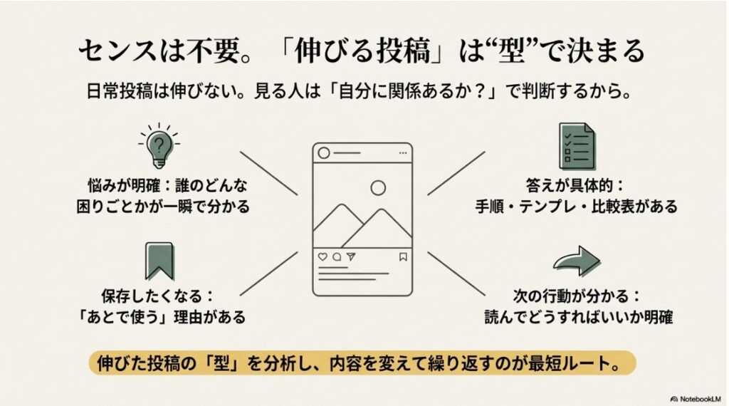 インスタ副業をやってみた！インスタグラムで伸びる投稿に必要な悩み解決・具体性・保存・行動誘導の4要素解説図