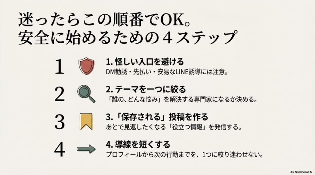 インスタ副業をやってみた！怪しい入り口を避けてインスタ副業を安全に開始するための順序解説図