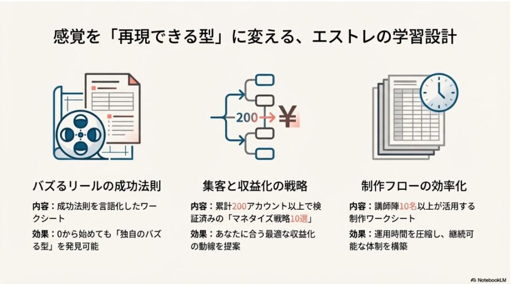 エストレSNSスクールの評判と口コミを検証！エストレの学習教材：制作フローの効率化とマネタイズ戦略資料