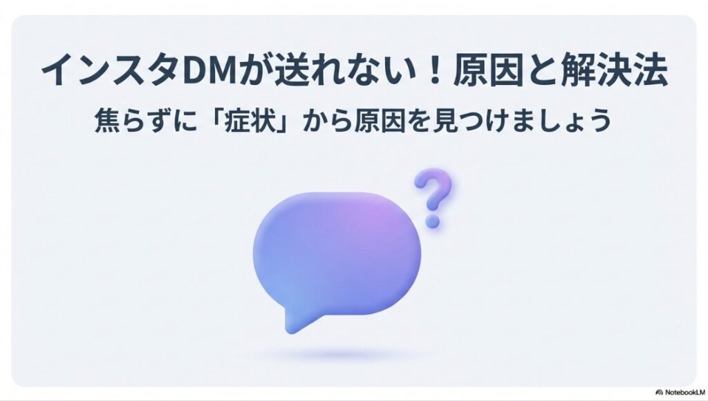 インスタでDMが送れない人に送る方法｜吹き出しとクエスチョンマークの3Dイラスト。「インスタDMが送れない！原因と解決法」「焦らずに症状から原因を見つけましょう」というテキストが入った、記事の導入スライド。
