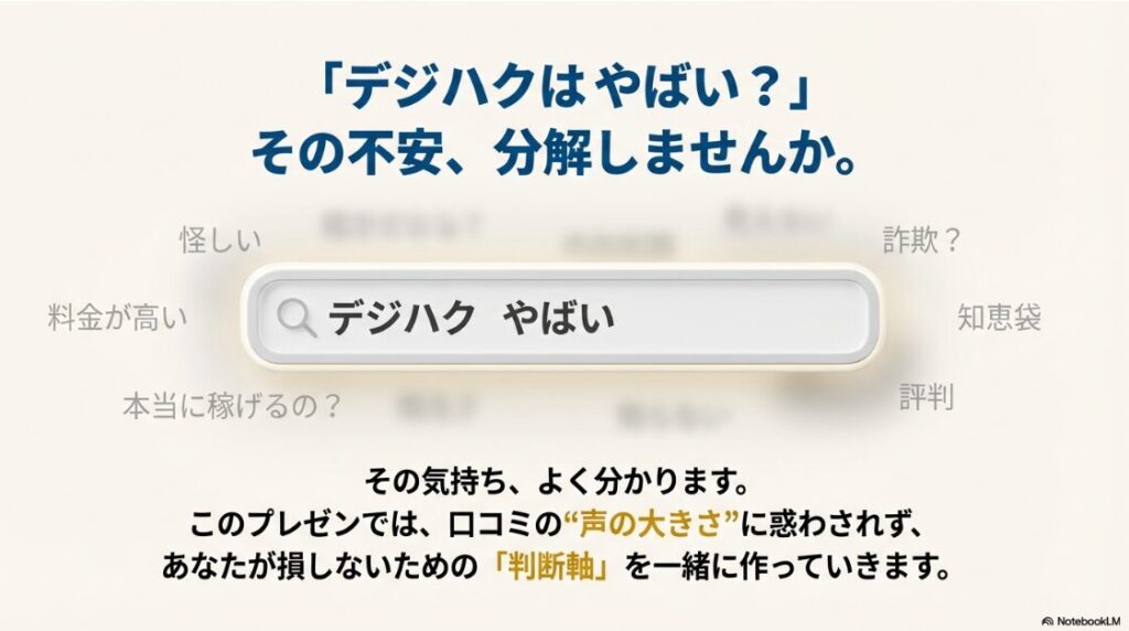 デジハクはやばい？口コミ：デジハクはやばい？その不安を分解するプレゼン資料の表紙