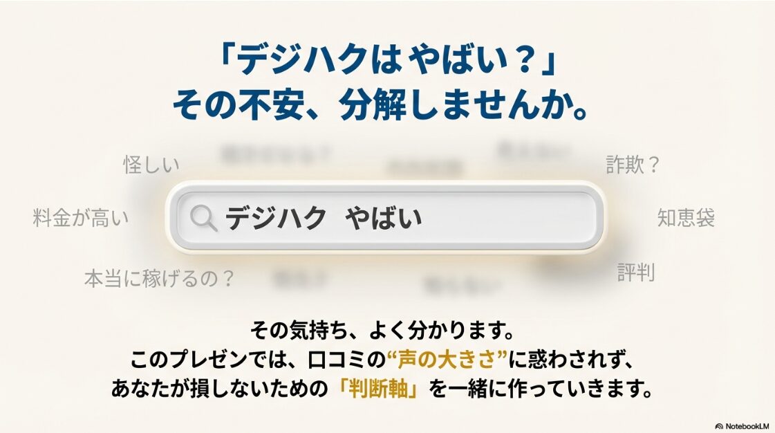 デジハクはやばい？口コミ：デジハクはやばい？その不安を分解するプレゼン資料の表紙