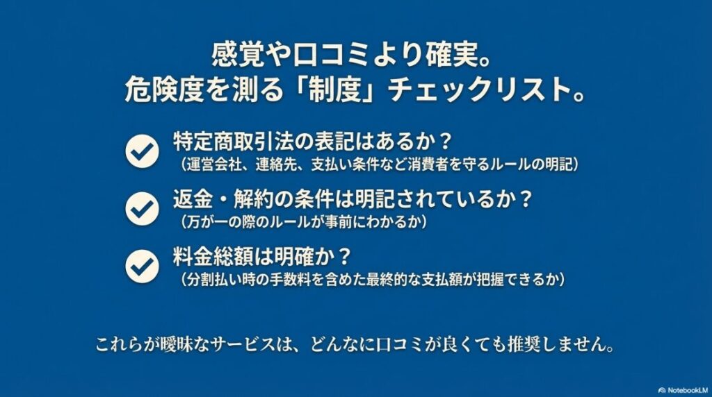 デジハクはやばい？口コミの真相｜デジハクの危険度を測る制度チェックリスト（特商法・返金条件・総額表示）